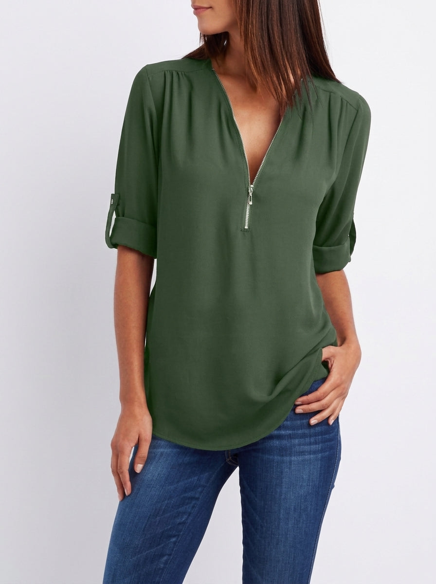 Blouse Fluide à Manches Modulables et Col Zippé