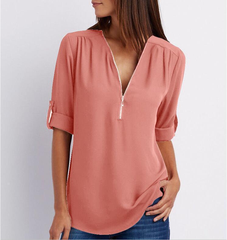 Blouse Fluide à Manches Modulables et Col Zippé