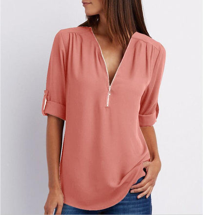 Blouse Fluide à Manches Modulables et Col Zippé