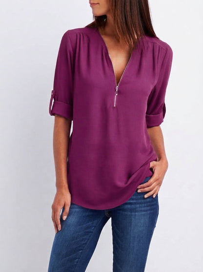 Blouse Fluide à Manches Modulables et Col Zippé