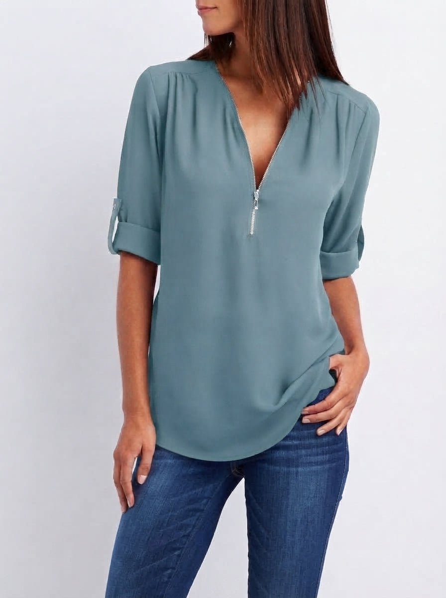 Blouse Fluide à Manches Modulables et Col Zippé