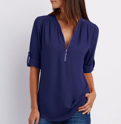 Blouse Fluide à Manches Modulables et Col Zippé