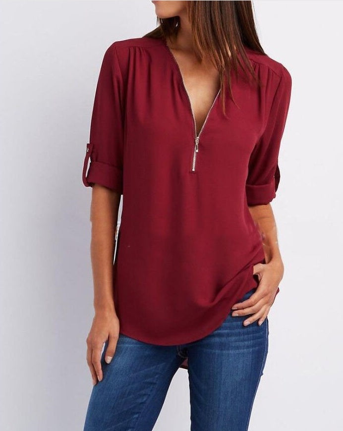 Blouse Fluide à Manches Modulables et Col Zippé