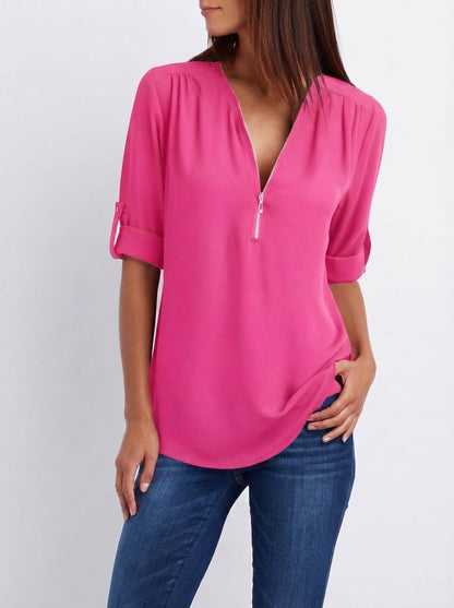Blouse Fluide à Manches Modulables et Col Zippé