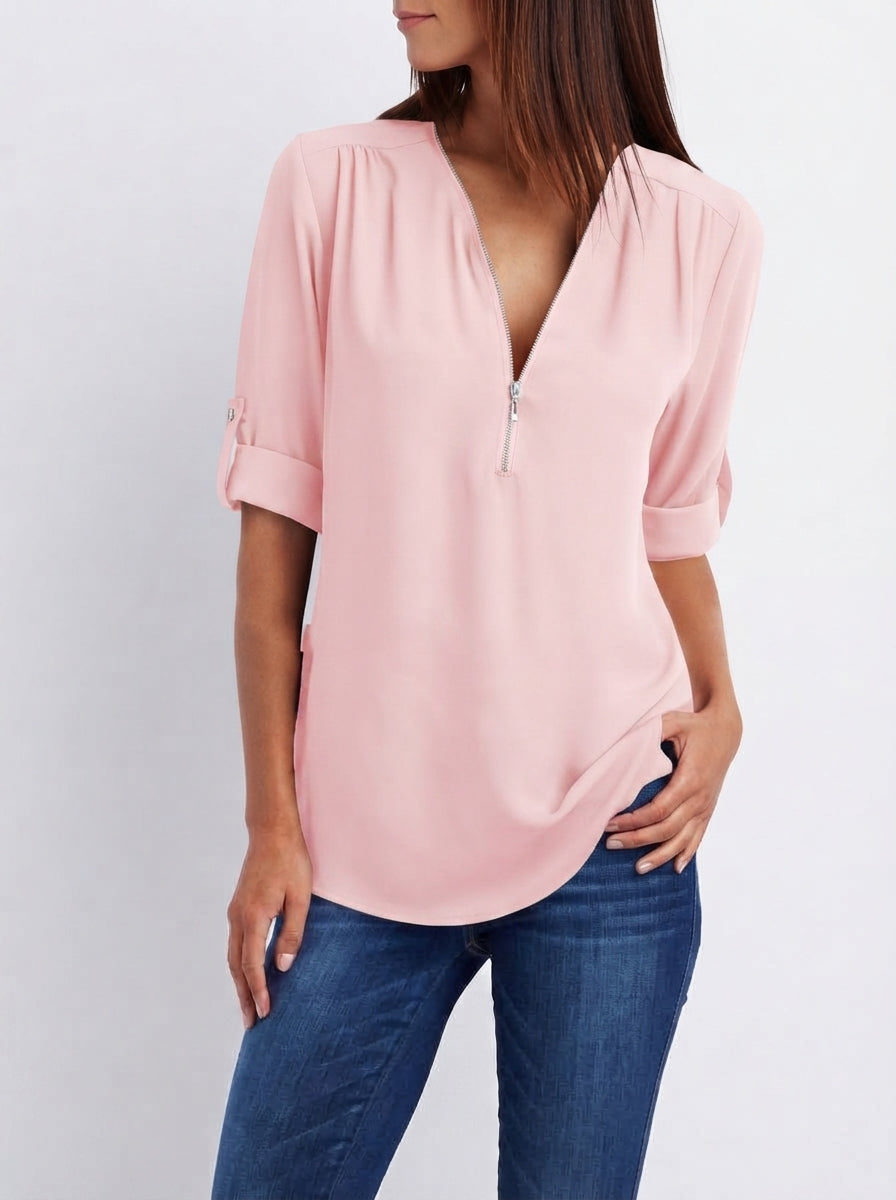 Blouse Fluide à Manches Modulables et Col Zippé