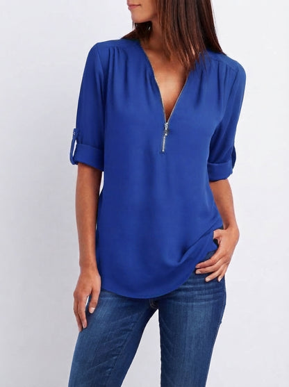 Blouse Fluide à Manches Modulables et Col Zippé