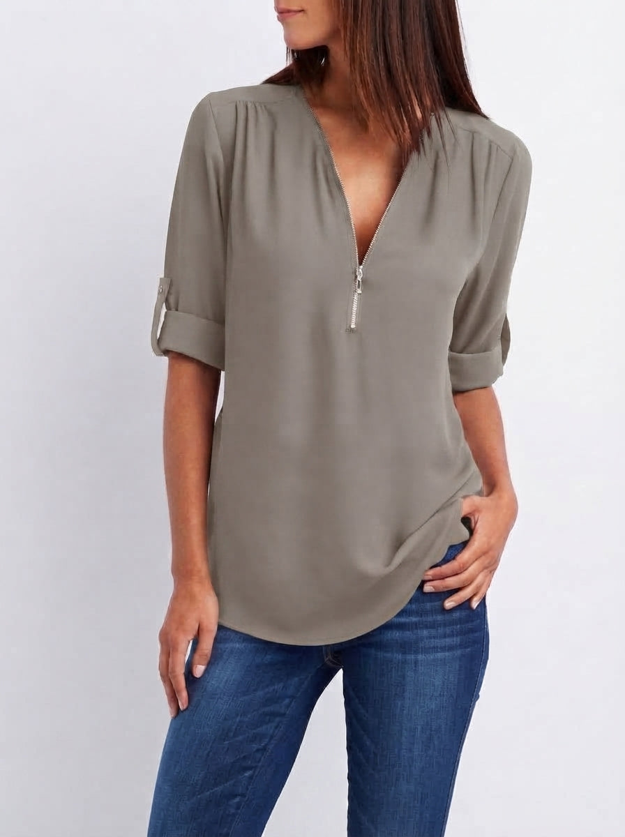 Blouse Fluide à Manches Modulables et Col Zippé