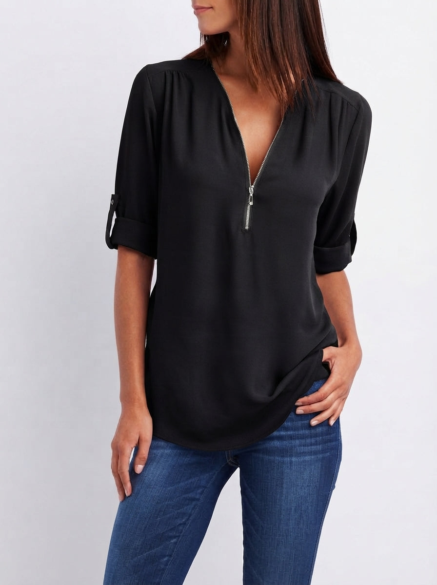 Blouse Fluide à Manches Modulables et Col Zippé