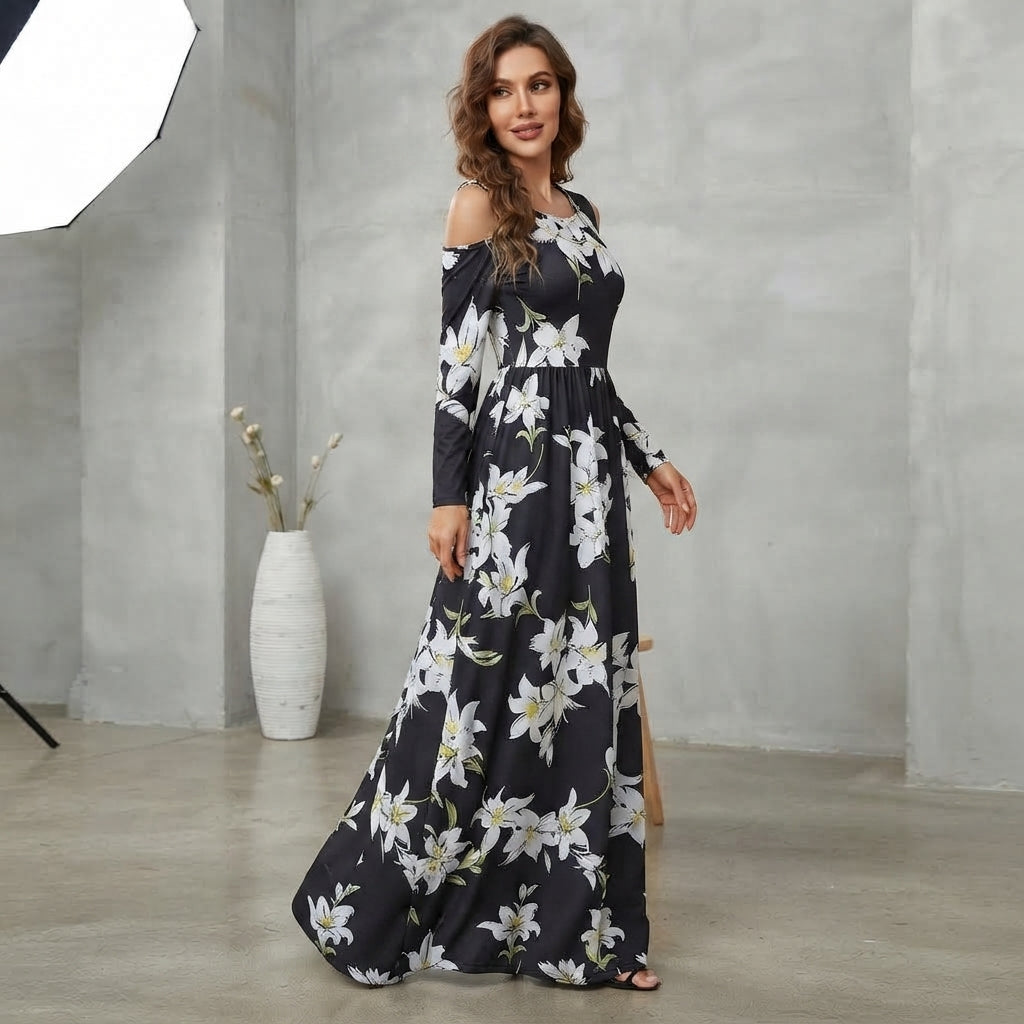 Robe Maxivale Champêtre, Évasée & Style Épaules Nues